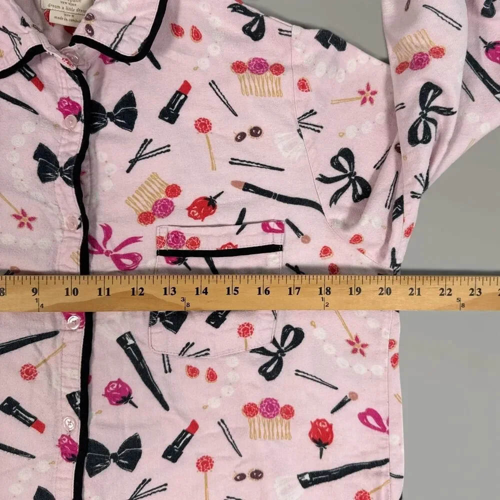 Kate Spade Pink Flannel Pajama Set Makeup Lipstick Bows Sz Med READ DESC.
